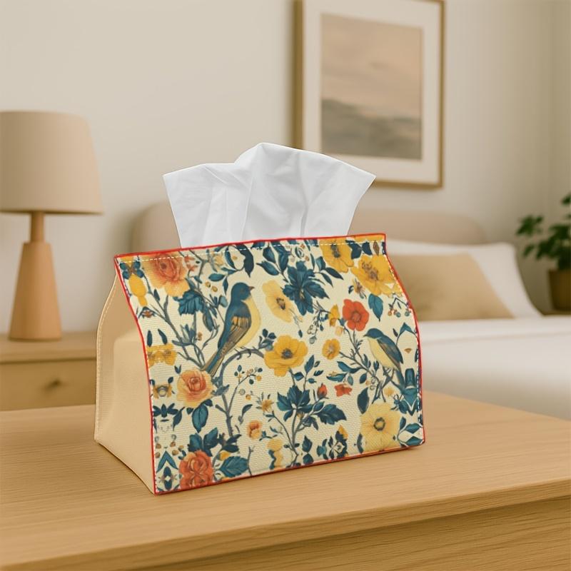 2D Flat, 1 Plant and Bird Design Tissue Box Featuring a Yellow Bird and Floral Pattern, a Multifunctional Fabric Tissue Storage Box, Suitable for Outd