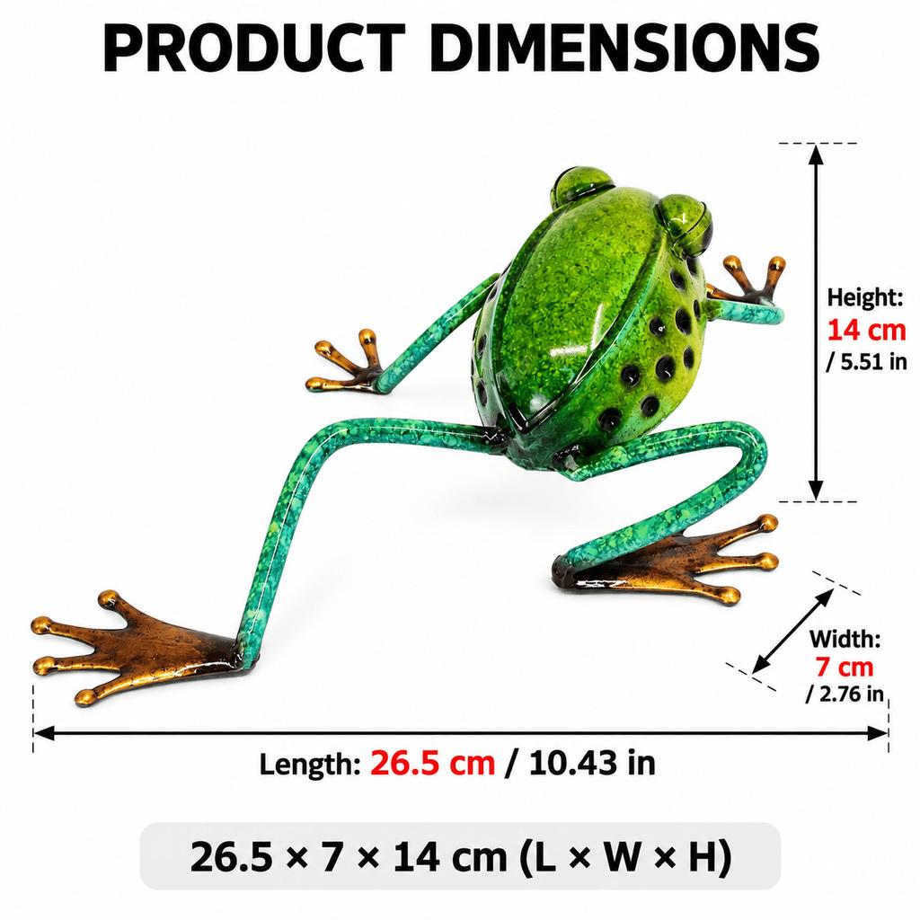 Metal Frog Garden Statue, 10.43-Inch Long Green Iron Figurine with Extended Leg, Decorative Sculpture for Patio, Porch, Yard and Flower Bed