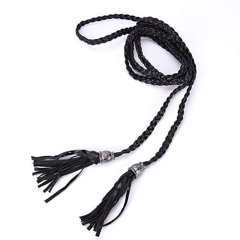 Boho Women Simple Pu Leather Tassel Braided Self-Tie Belt Thin Waist Rope Belt