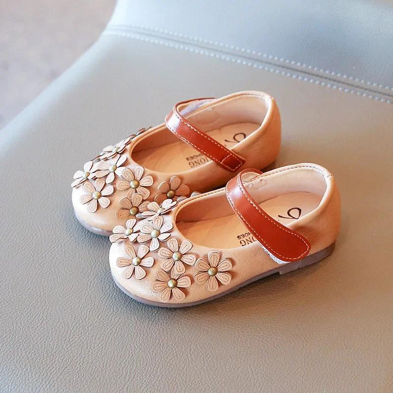 Spring New Little Girls Leather Shoes Baby Girl Flower Mary Janes Shoes Soft Sole Kids Girl Fashion Princess Shoes I07053