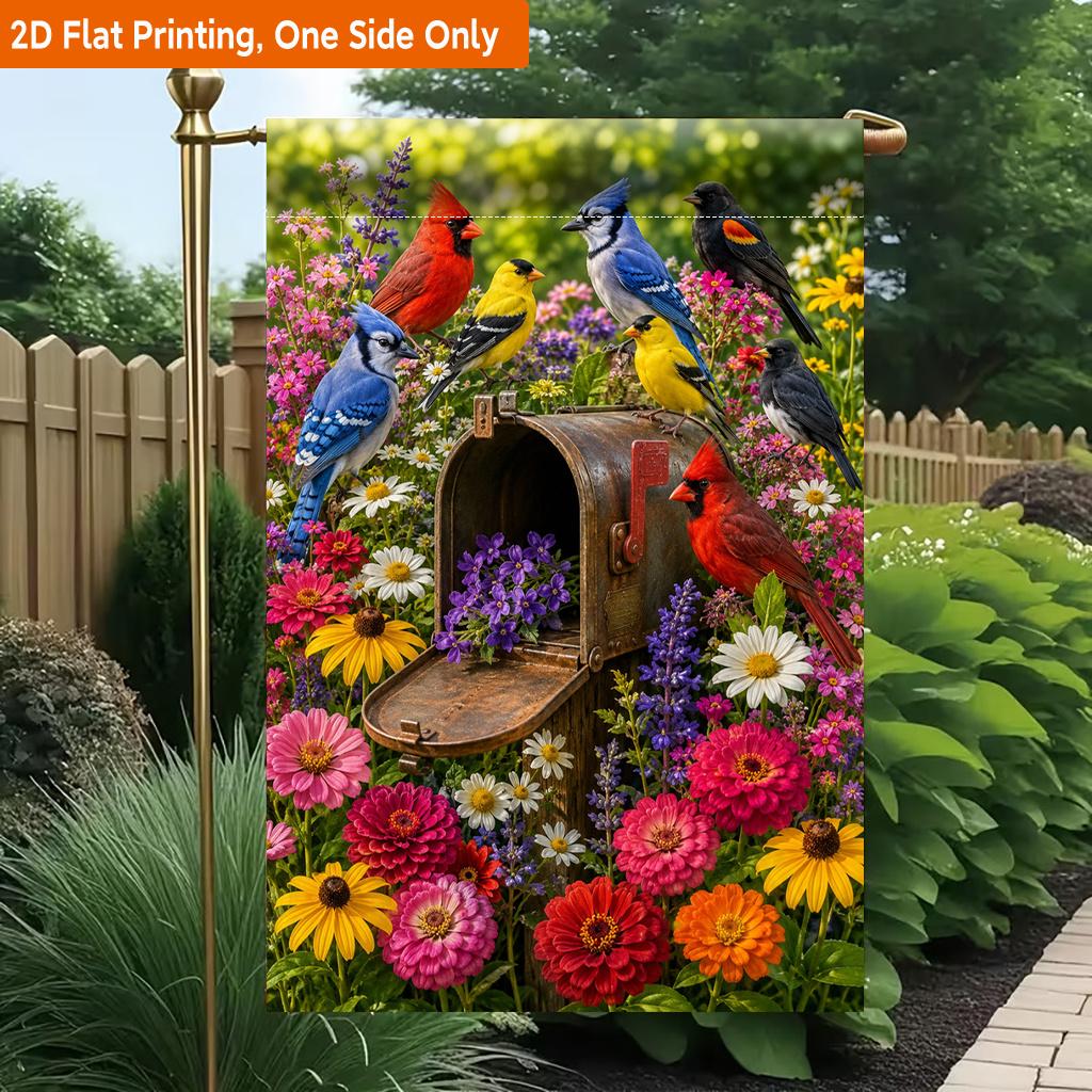 2D Flat, 2D Flat Printing Garden Flag 1pc, Birds Gather Around Mailbox Durable Single-Sided Print Yard Flag, Garden & Home Holiday Decoration, 29.97x4