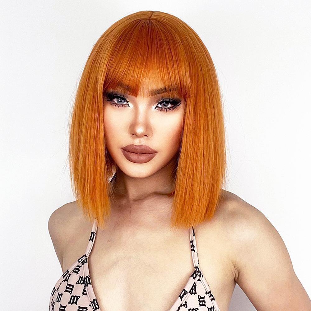MISS WIG Short Straight Orange Wig With Bangs Synthetic Fiber Wig African American White Female Cosplay/Party/Daily Wig