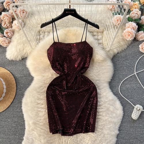 Dress for Women Spaghetti Strap Shinning Exposed Shoulders Falda Sexy Mujer Solid Color Wrapped Vestidos Summer Dropshipping