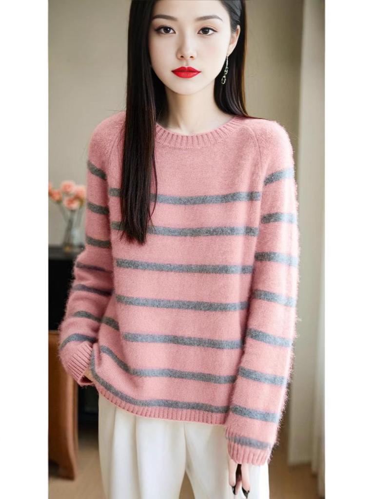 Women's 2025 Autumn/Winter Striped Round Neck Wool Sweater – Loose, Fashionable, Thickened, Soft, Lightweight Inner Layer