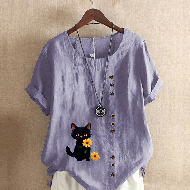 Женская модная футболка с коротким рукавом и милым принтом в виде кошачьего цветка, свободная хлопковая рубашка, повседневная свободная летняя блузка, топы больших размеров