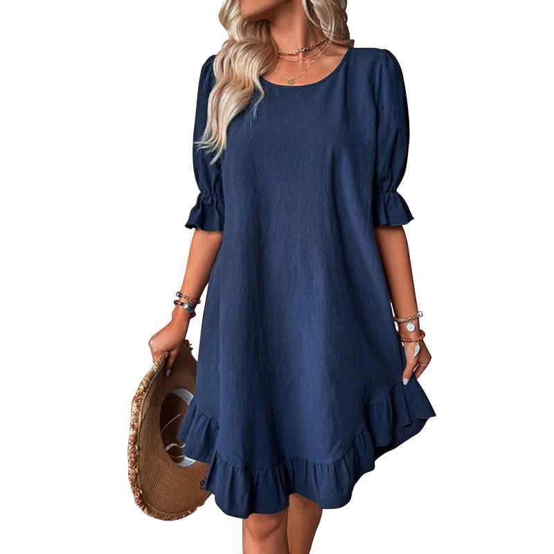 Женское винтажное хлопковое льняное платье со средним рукавом и круглым вырезом, однотонная юбка, платье со свободным подолом, кружевные платья