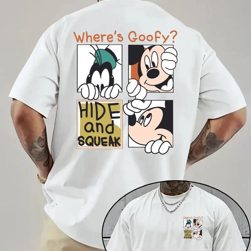 Vintage Hide And Seek Style Two Side Graphic Peeking Cartoon Figures Handwritten Phrase Four Block Frame Loose Unisexs Tops