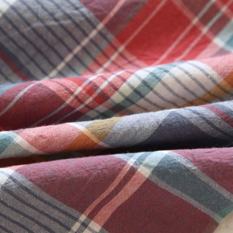 Весна / Осень Простая Пижама из стираного хлопка, женские брюки с длинными рукавами, домашняя одежда, свободный повседневный комплект из 2 предметов в клетку с лацканами