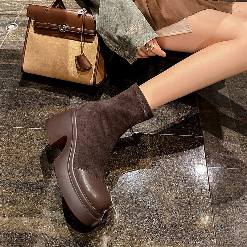 FOREADA Женские ботильоны с круглым носком, на платформе, на толстом высоком каблуке, на молнии, короткие ботинки, лаконичная женская модная обувь, зимние, черные, коричневые, 43