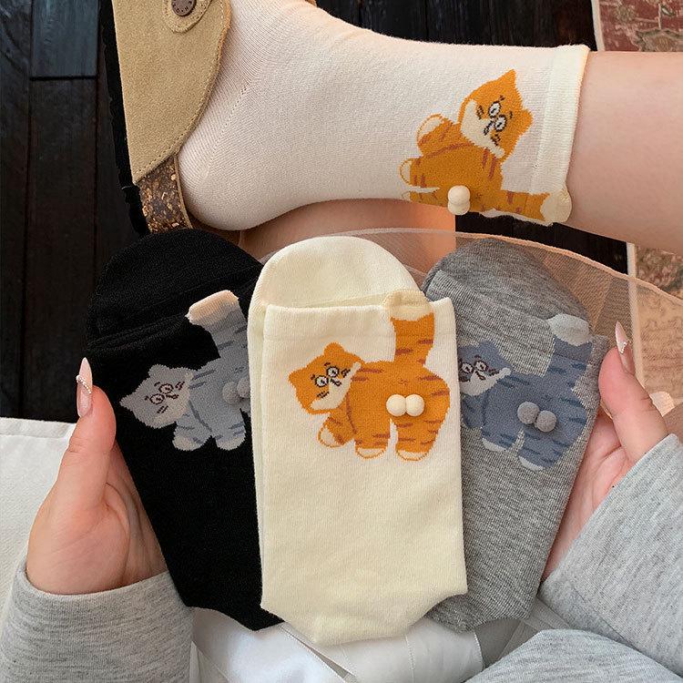 Women's 3D Cartoon Cat Mid-Calf Socks - Cute Korean Style for Autumn/Winter