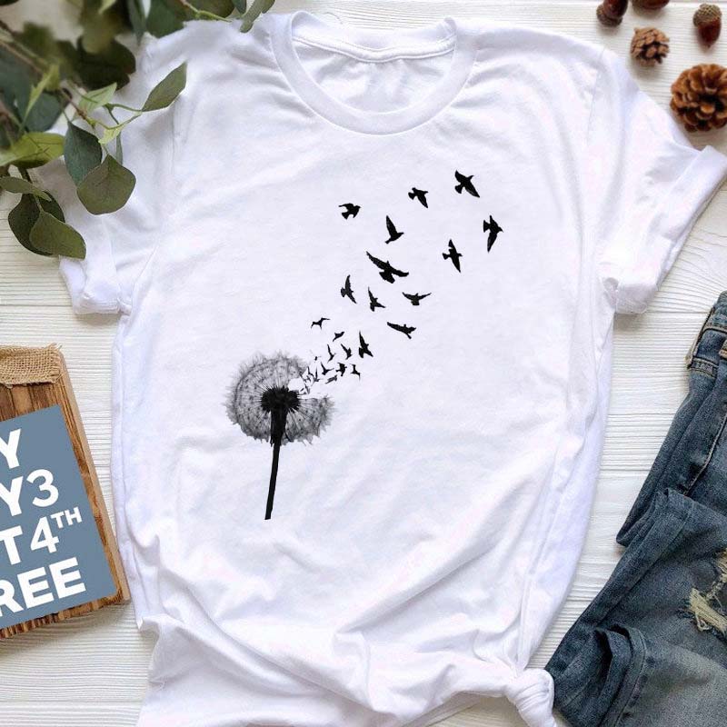Летняя женская футболка с принтом одуванчика, свободные женские рубашки больших размеров, повседневная футболка с коротким рукавом, топ, черные модные футболки с круглым вырезом