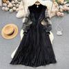 Весна-лето, вышивка, расшитая блестками, сетка, лоскутное черное вечернее платье, женские черные длинные миди, плиссированные платья