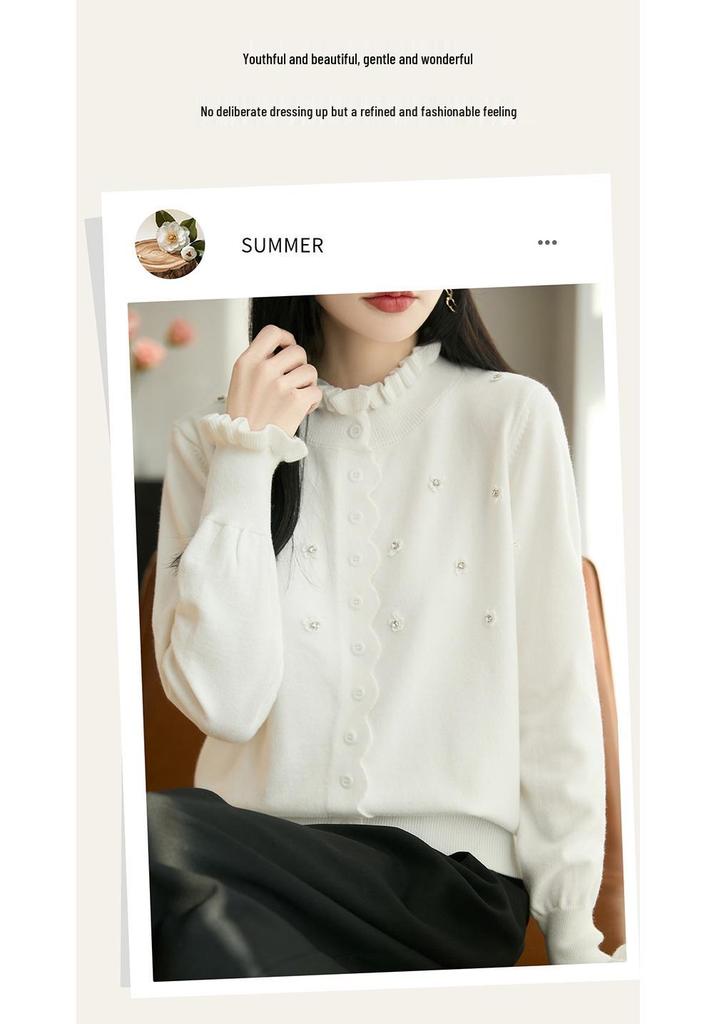2026 Spring Women's Knitwear: Lace Ruffle Collar Cardigan Sweater, Button-Up Coat, Korean Style