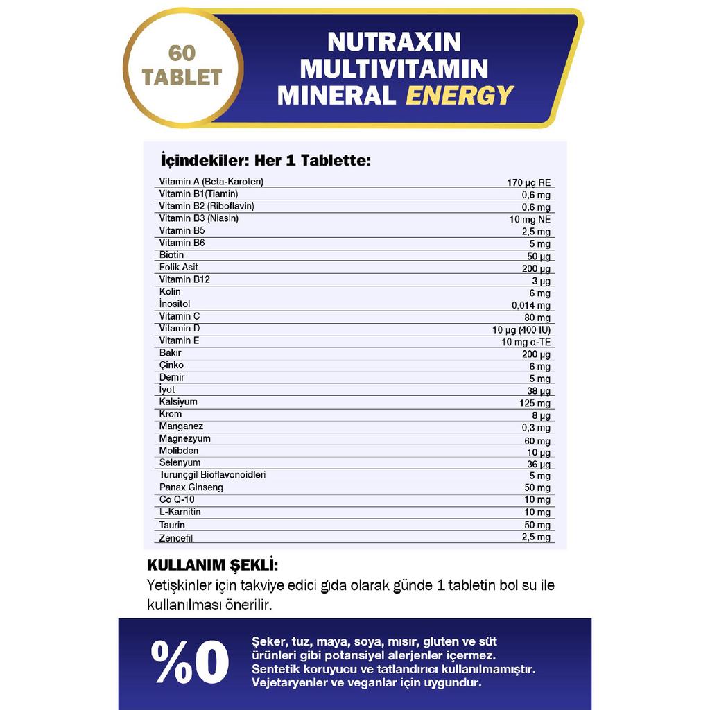 Multivitamine Mineral Energy Complex 60 Tbl - Magnesium, Taurine, Choline, Panax Ginseng, Q10