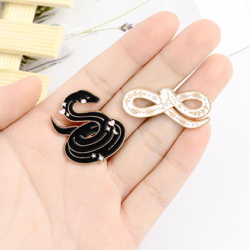 Black Snake White Enamel Pins Custom Myth Brooches Bag Clothes Lapel Pin Badge Animal Jewelry Gift For Kids Friends