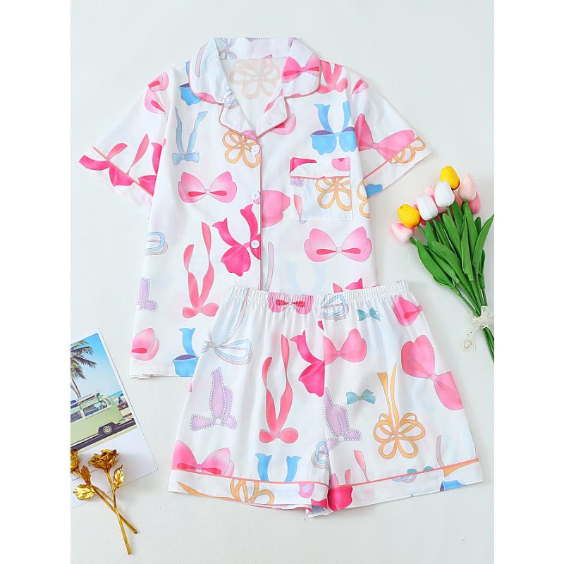 Летний женский топ с короткими рукавами и шорты, комплект из 2 предметов, пижама женская, модная, повседневная, свободная, с бантом, кардиган, пижама, комплект