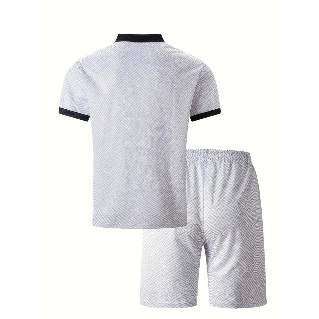 Мужской повседневный костюм с тропическим принтом - черная рубашка с коротким рукавом на молнии и белые шорты с карманами, полиэстер, машинная стирка