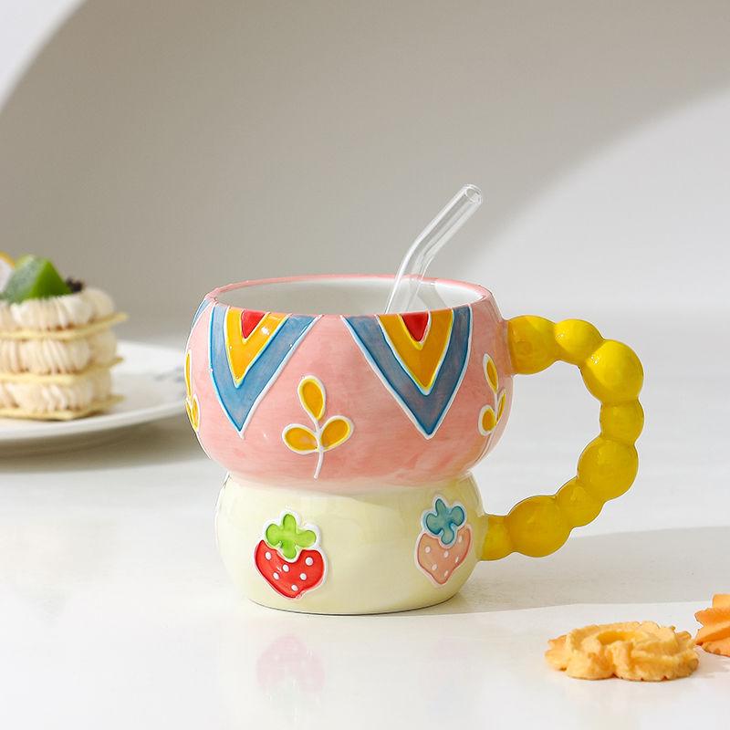 Hand-painted Relief Gourd Ceramic Cup Aesthetic Value, Breakfast Large Capacity, Cute Oatmeal Mug, Home Drinking Wate Drinkware