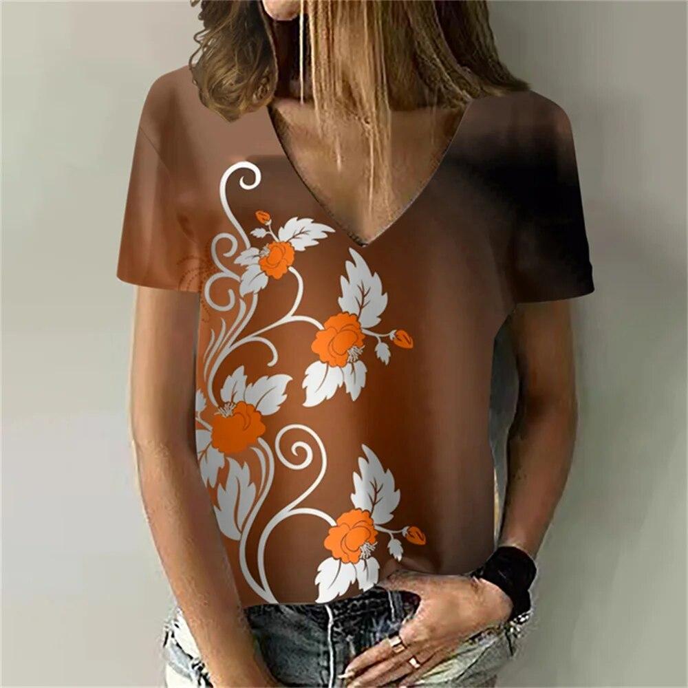 Versatile Sexy V-neck Women's T Shirt Flower 3D Print Summer Short Sleeve Fashion Street Harajuku Comfortable Ladies Tee Casual