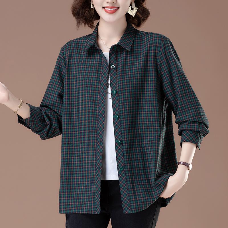 Новая осенняя клетчатая хлопковая рубашка 2025 года для женщин среднего и пожилого возраста - Большой размер, отложной воротник, хлопок-лен