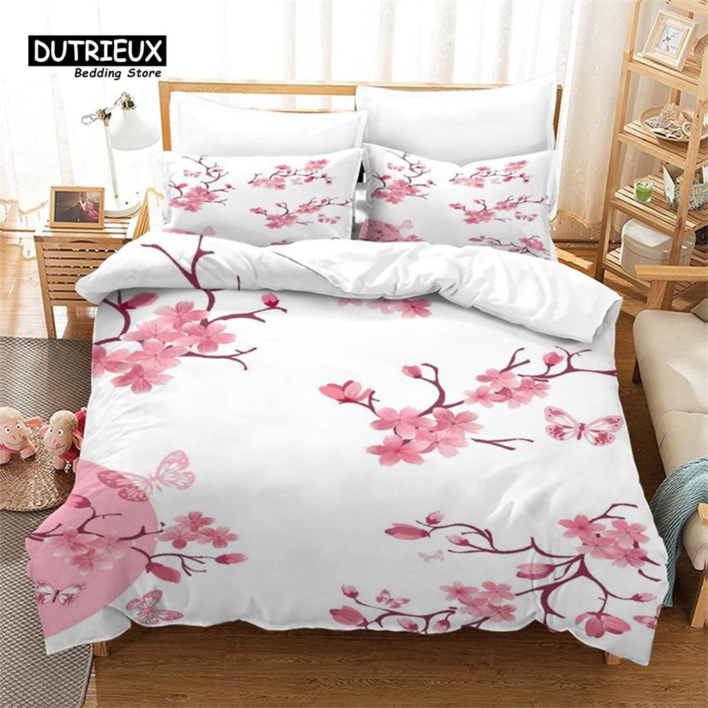 Cherry Blossoms Duvet Cover Set Japanese Floral Bedding Set Microfiber Romantic Theme Quilt Cover Twin King For Valentine's Day