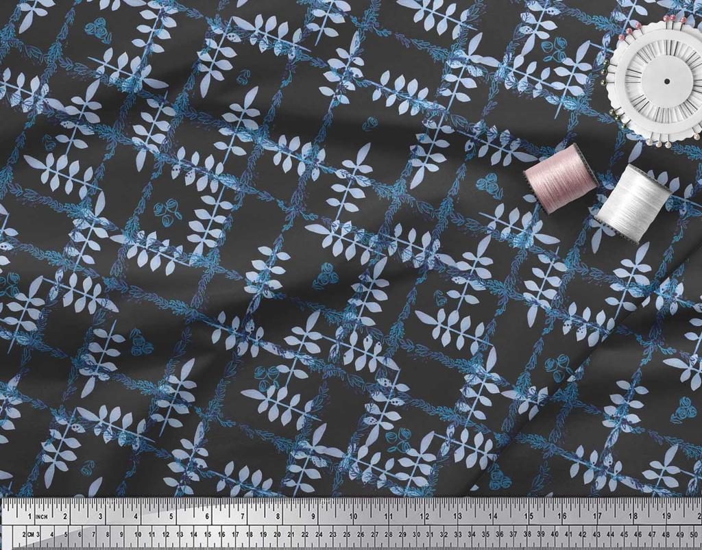 Soimoi Black Japan Crepe Satin Fabric Leaves & Floral Check Print Fabric by the metre 42 Inch