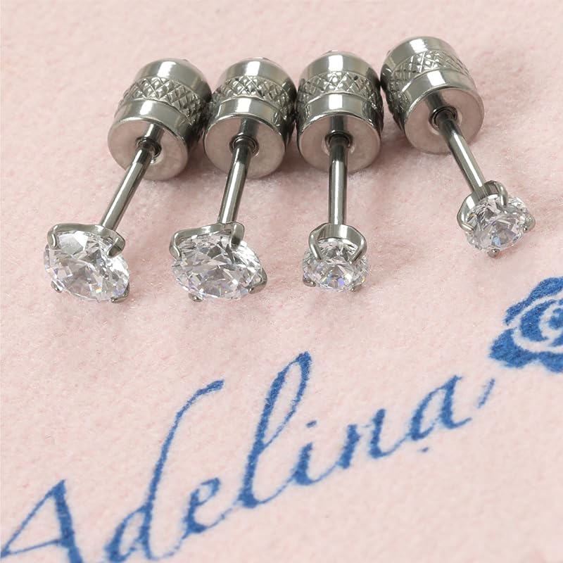 [Adelina Style] Pure Titanium Stud Earrings Popularity Leave It On Screw Type Catch Men's Ladies 1 Pair AAAAA Cubic Zirconia 20G Compatible with Metal