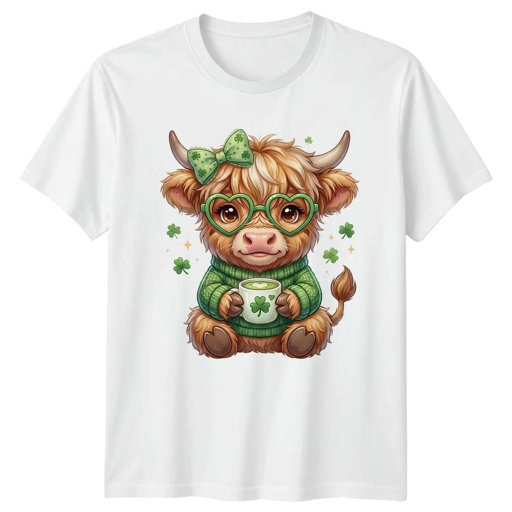 Cute Highland Cow With Shamrock Unisexs TShirt St Patricks Day Gift For Her