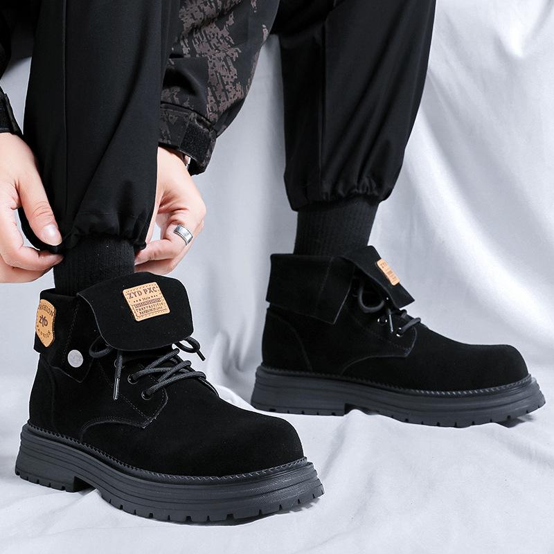 Зимние бархатные короткие ботинки мужские высокие ботинки Мартин на толстой подошве с увеличением роста в британском стиле ретро ботинки цвета ревеня 44306-R