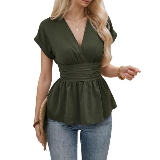 Женские топы с V-образным вырезом, реглан, короткий рукав, рубашка, плиссированный край, однотонные, облегающие талию, топы обычного кроя, повседневная одежда