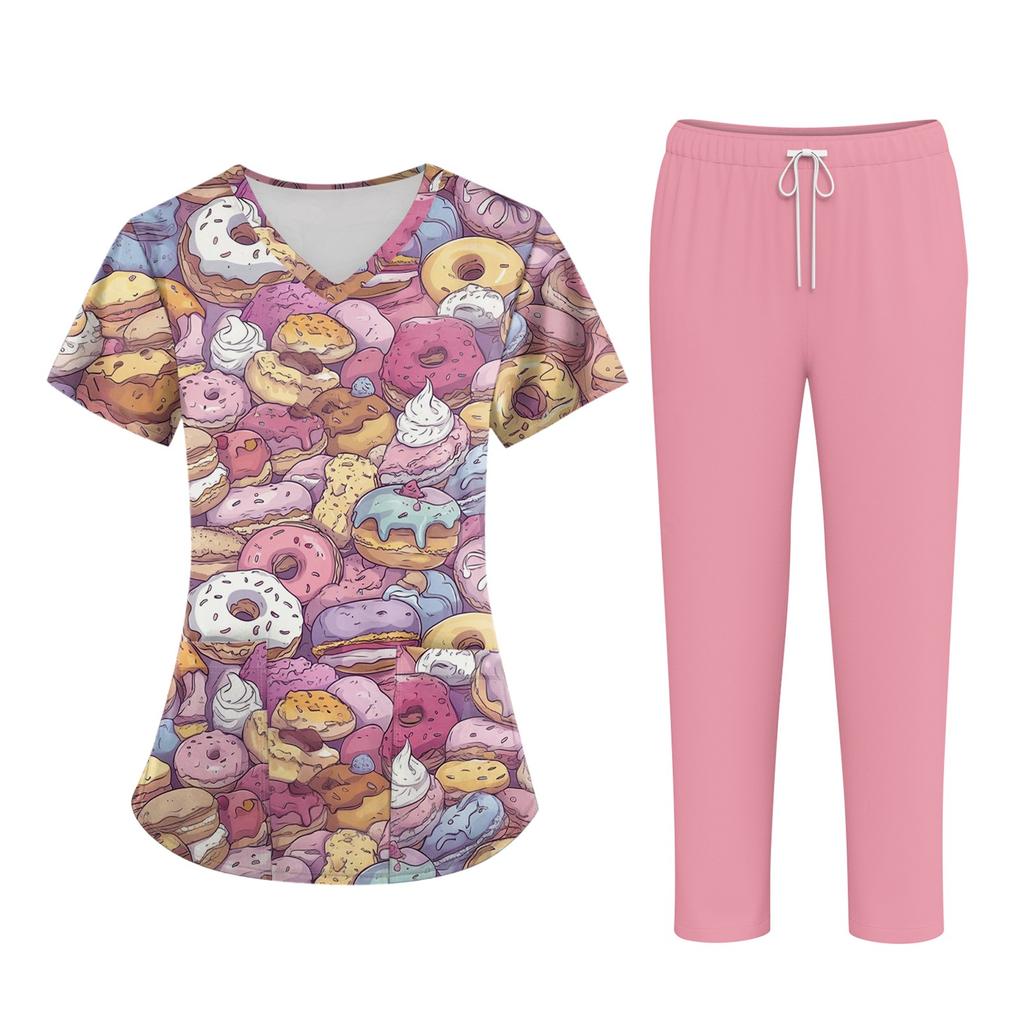 Плюс размерСкраб с принтом Рабочая форма Топы для женщин Крест V-образным вырезом Хэллоуин Принт с короткими рукавами Забавные футболки Спецодежда Футболка с карманами