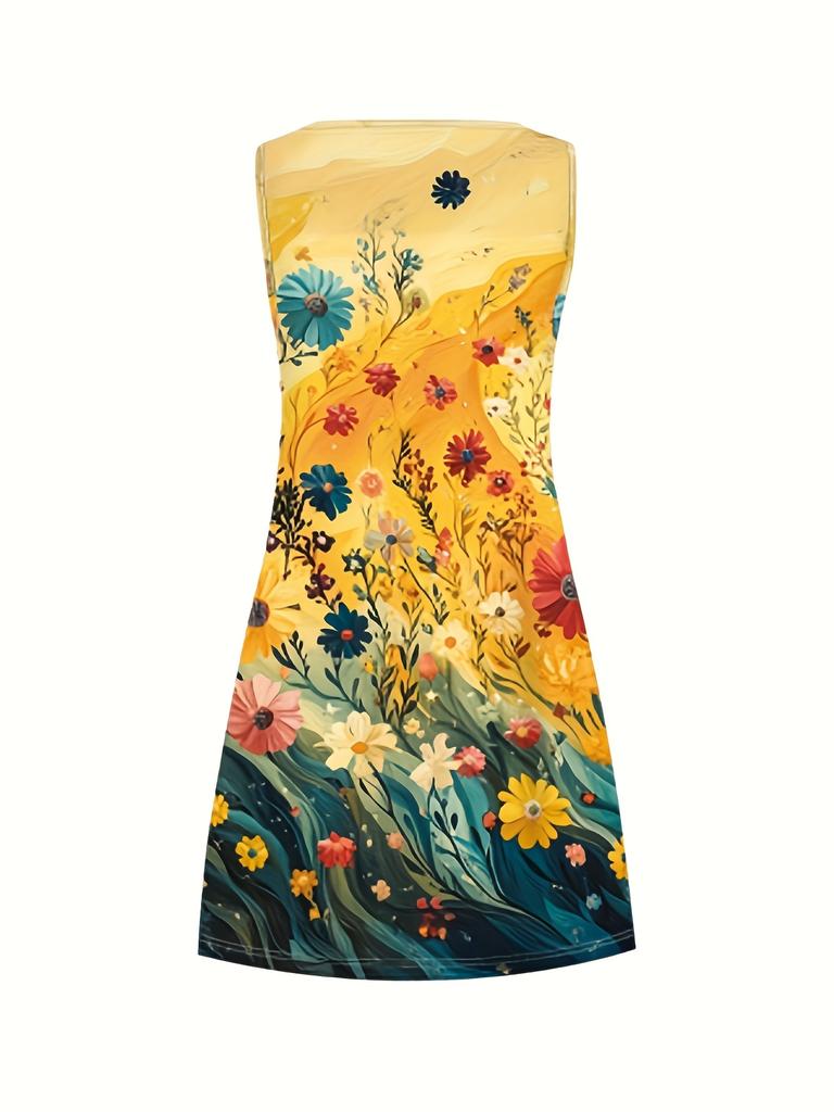 Women's Plus Size Floral Print Sleeveless A-Line Dress Vibrant Yellow To Blue Gradient Design Tank Dress Female Clothing Y2k Top