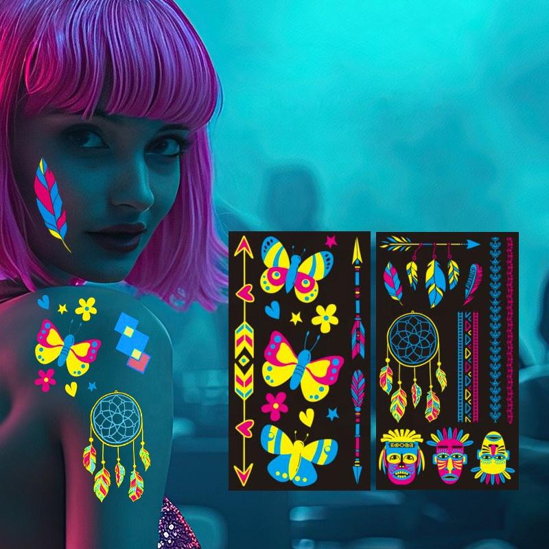 Women's Rave Festival UV Neon Body Face Temporary Tattoos Waterproof Fluorescence Fluorescent Fluorescent Tattoo Stickers 20