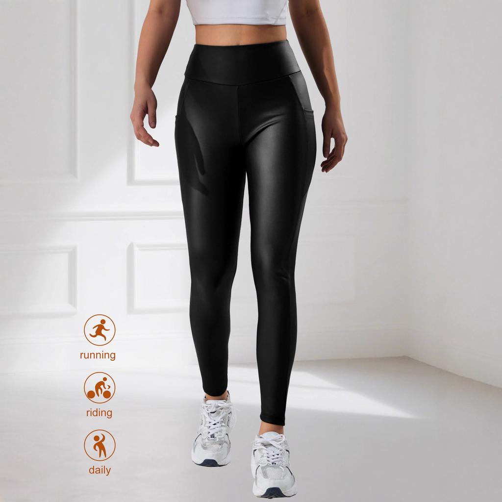 Брюки из ПУ кожи с высокой посадкой, карманами, для йоги, спортивные, фитнеса, бега, леггинсы, ночной клуб