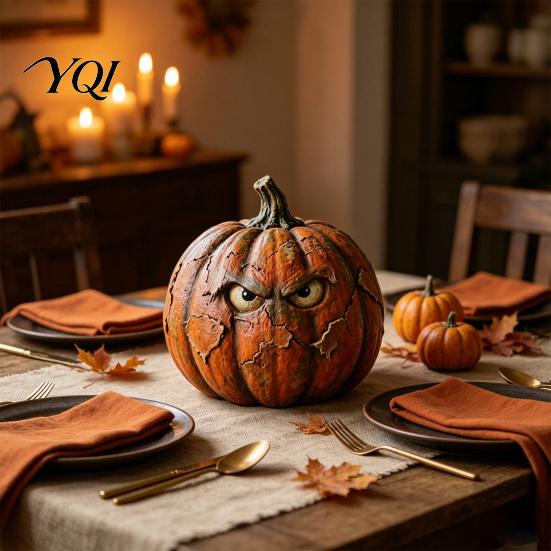 Indoor Autumn Holiday Decorations Halloween Wooden Pumpkin Figurine, Rustic Spooky Ornament, Fall Party Desktop Display Table Centerpiece for