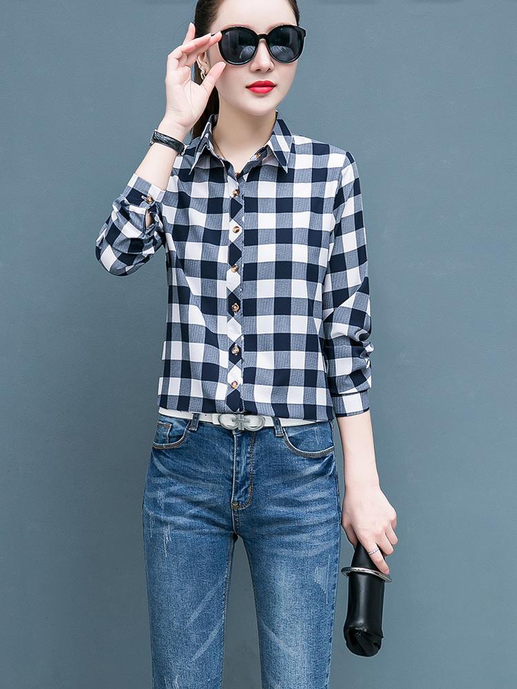 Клетчатая рубашка для женщин, сто женщин, топы, свободная ретро рубашка с длинным рукавом с гонконгским вкусом