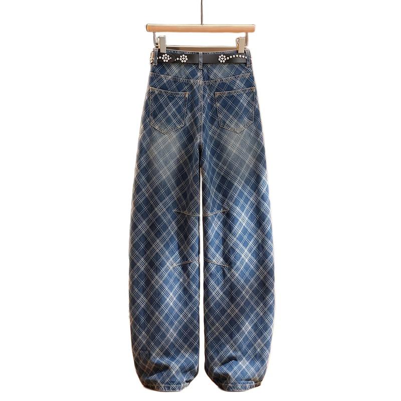 Plaid scimitar pants children's autumn clothing new popular wide-leg jeans retro high-waisted thin trousers