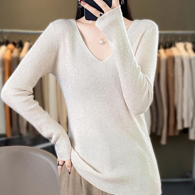 2024 Spring/Autumn Women's Slim Fit V-Neck Long Sleeve Knitwear - Korean Style Trendy Base Layer