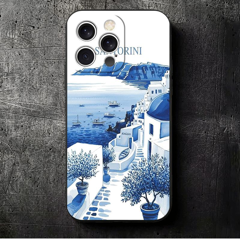 Санторини Греция Лето Мягкий Чехол для Телефона для iPhone 16 16E 17 Air 15 Pro Max 14 Plus 13 Mini 11 12 7 Черный Чехол Задняя Панель