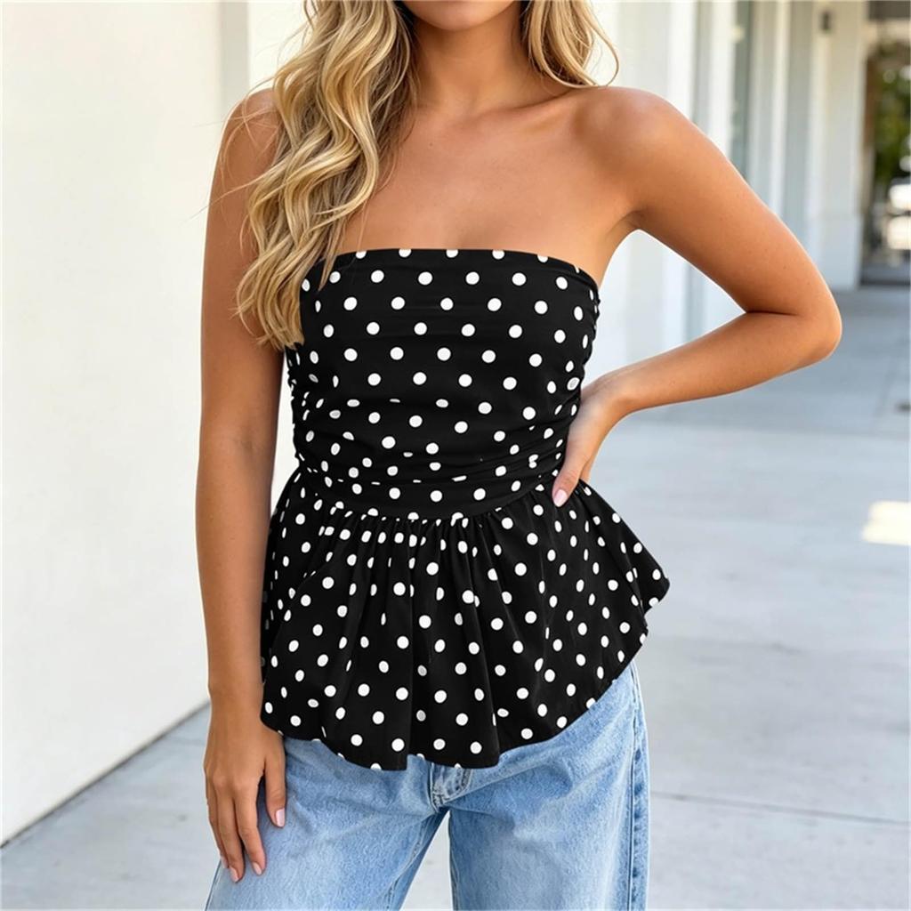 Женский strapless топ-труба в горошек, летняя повседневная блузка без рукавов с баской, легкая дышащая ткань, облегающий крой