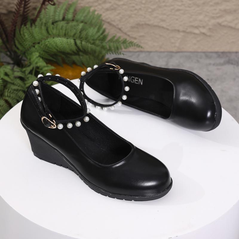 Элегантные женские туфли-клинья с ремешком на щиколотке из жемчуга для женщин Осень 2025 Черная искусственная кожа Офисные туфли-лодочки Женские удобные мягкие Мэри Джейн