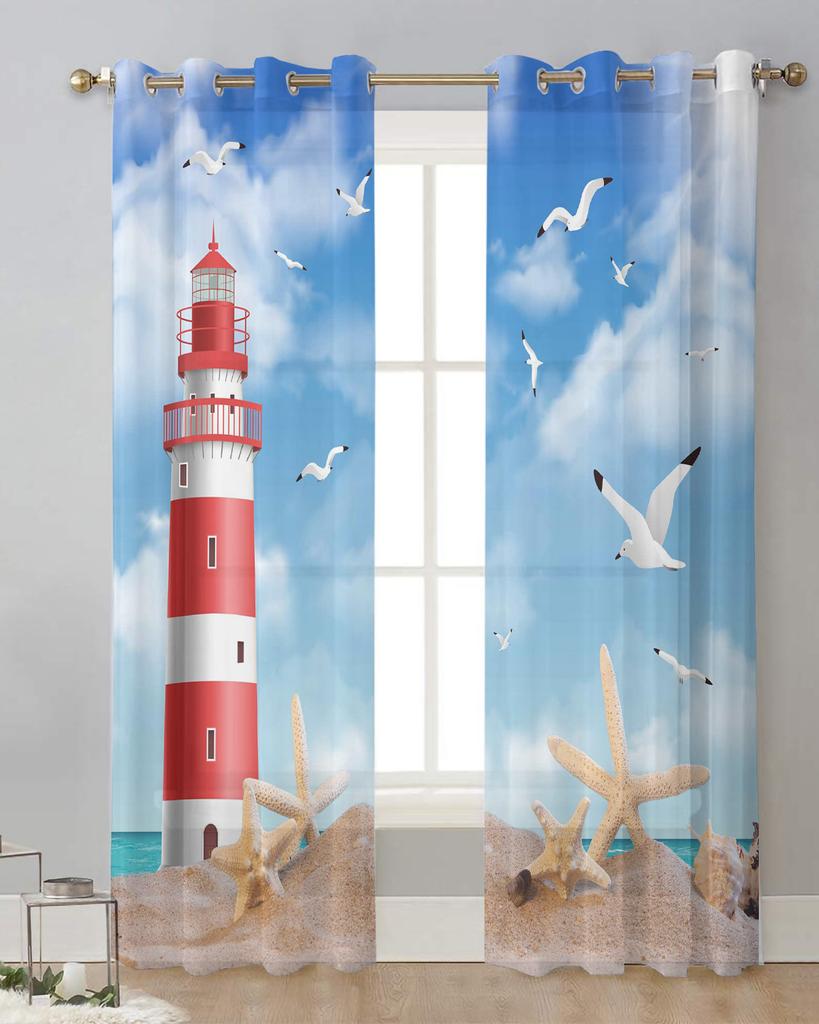 Sea Beach Lighthouse Starfish Seagull Sheer Curtains for Living Room Decoration Window Curtains Kitchen Tulle Voile Curtains