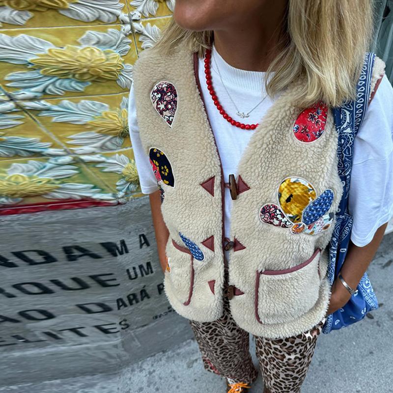 Женский повседневный жилет из овечьей шерсти с принтом, V-образным вырезом, без рукавов, с роговыми пуговицами, карманами, майками, осенний винтажный уличный жилет