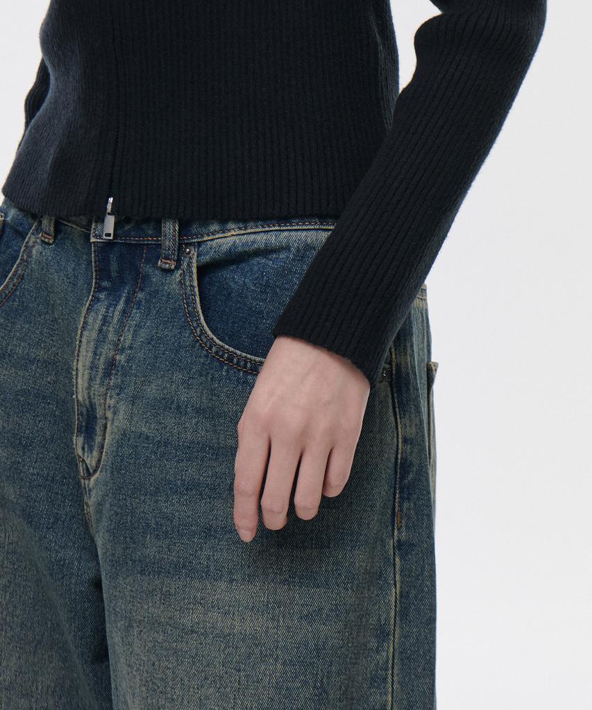 MUSINSA STANDARD WOMAN Ribbed Slim Knit Zip-Up [Black]