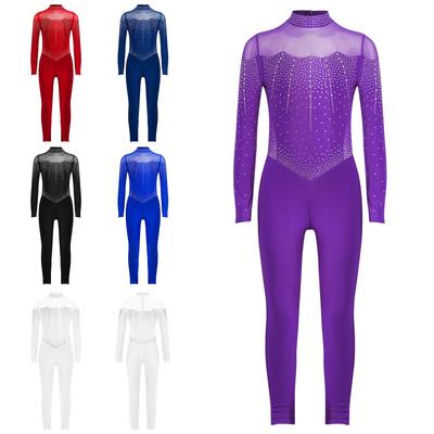 Блестящий боди для танцев со стразами для девочек, боди с длинным рукавом и вставками из прозрачной сетки, воротник-стойка