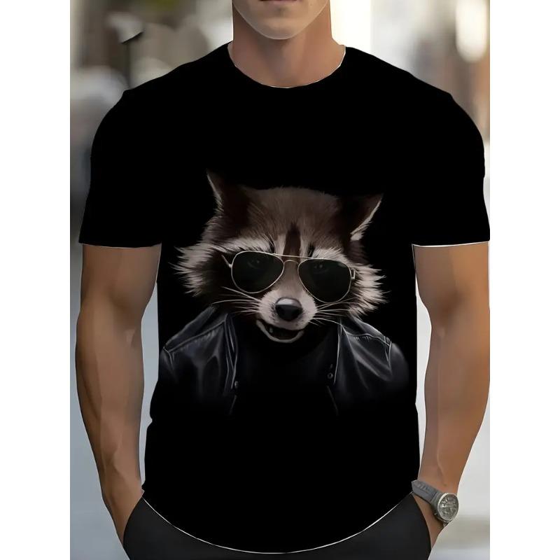Summer 3D Cat Patternraccoon T-Shirt for Men Animal Cartoon Animal Pattern Tees Loose Round Neck Tops T Shirts Short Sleeves