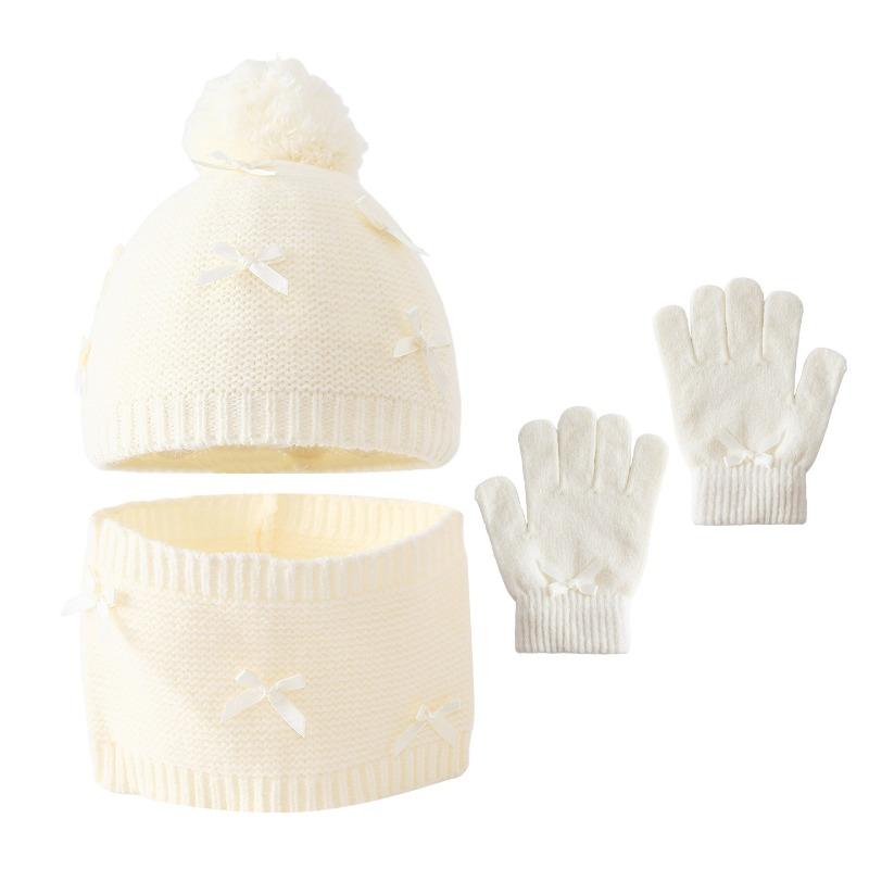 Winter Children's Knitted Hat, Scarf Gloves, Three Piece Set, Girls' Handmade Butterfly Knot Yarn Hat