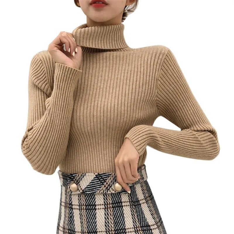 Women's Sweaters Slim Soft Long Sleeve High Neck Knit Pullover Slim Stretch Sweater Tops