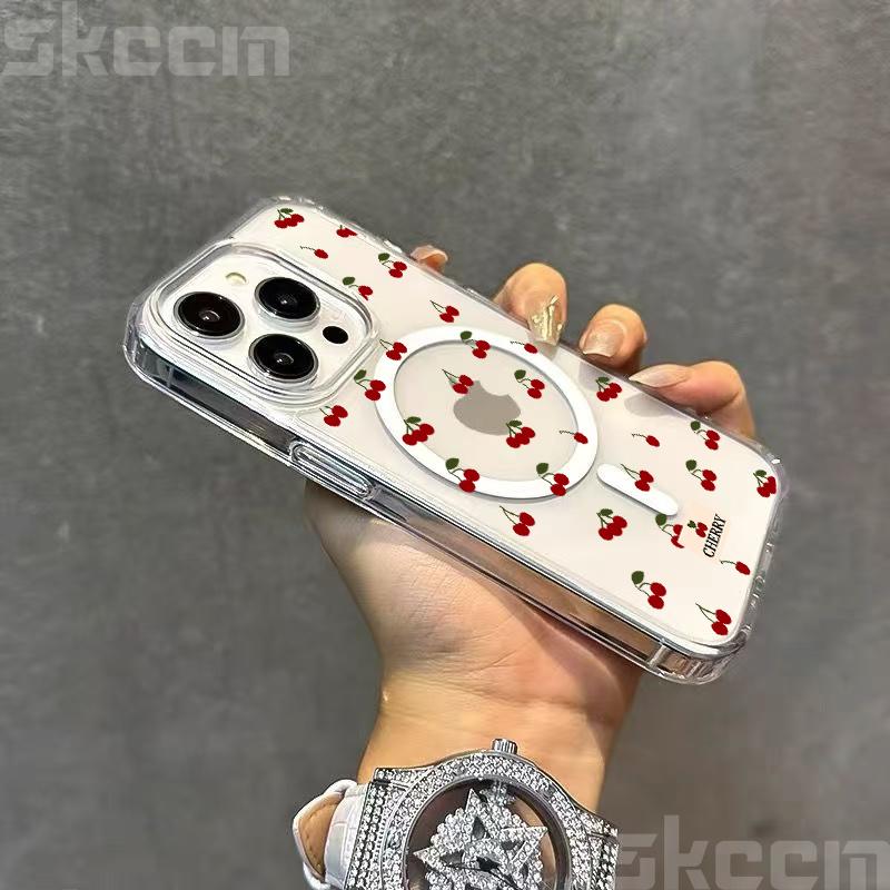 For Magsafe Wireless Charger Case For Samsung Galaxy S25 S24 S23 Ultra S22 Plus S21 FE S20 Cute Cherry Print Phone Cover