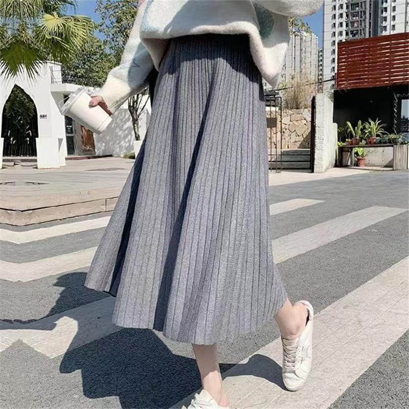 Трикотажная юбка, весенняя плиссированная юбка-зонтик средней длины, осень 2022, осень-зима 2022, тонкая длинная юбка трапециевидной формы с завышенной талией и промежностью